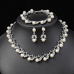 Alloy Rhinestone & Plastic Imitation Pearl Leaf Link Chain Necklaces & Stud Dangle Earrings & Link Bracelets Sets, White, 400mm(WG65A67-03)