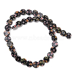 Handmade Millefiori Lampwork Beads Strands, Flat Round, Black, 9.5~10x3.5~4mm, Hole: 0.6mm, about 36pcs/strand, 13.90''~14.41''(35.3~36.6cm)(LAMP-G166-17B-01)