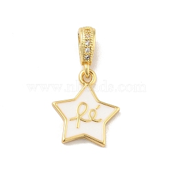 Brass Micro Pave Cubic Zirconia Pendants, with Enamel, Cadmium Free & Lead Free, Long-Lasting Plated, Star with Word Re, Real 18K Gold Plated, White, 14x12x2mm, Hole: 3.5x2mm(KK-B059-38G-C)