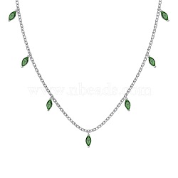 Rhodium Plated 925 Sterling Silver Pave Green Cubic Zirconia Cable Chain Horse Eye Tassel Necklaces for Women, Real Platinum Plated, 15.94 inch(40.5cm)(NJEW-Q342-13P)