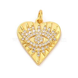 Brass Micro Pave Cubic Zirconia Pendants, Long-Lasting Plated, Lead Free & Cadmium Free, Gold, Heart with Evil Eye, Clear, 18x16x2mm, Hole: 3mm(KK-U033-07G-01)