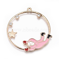 Zinc Alloy Enamel Pendants, with Rhinestone, Astronaut, Light Gold, Pink, 36.5~37.5x36~36.5x2.5mm, Hole: 1.5mm(ENAM-F118-04C)