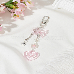 1Pc Acrylic Pendant Decorations, with Alloy Clasp, Heart & Bowknot, Pink, 131mm(KEYC-LP0001-56)