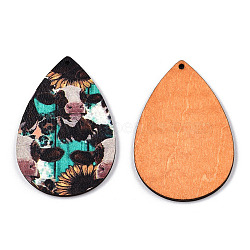 Single Face Printed Basswood Big Pendants, Teardrop Charm with Cow Pattern, Coconut Brown, 60x40x3mm, Hole: 2mm(WOOD-TAC0021-10)