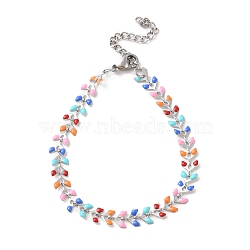 Enamel Ear of Wheat Link Chains Bracelet,  304 Stainless Steel Jewelry for Women, Stainless Steel Color, 6-7/8 inch(17.6cm)(BJEW-H585-01P)
