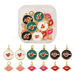 12Pcs 6 Style Golden Plated Brass with Jump Rings Enamel Pendants, Valentine's Day, Flat Round & Lip, Mixed Color, 2pcs/style(KK-LS0001-35)