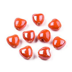 Pearlized Handmade Porcelain Beads, Heart, Orange Red, 10x10x7mm, Hole: 1.8mm(PORC-T007-21-13)