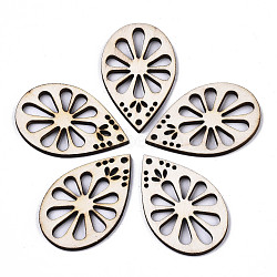 Unfinished Natural Poplar Wood Pendants, Laser Cut Wood Shapes, Teardrop with Flower, Old Lace, 40x25x2.5mm, Hole: 1.8mm(X-WOOD-N006-67)