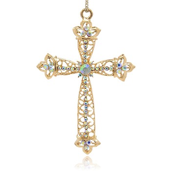 Shining Golden Plated Alloy Rhinestone Cross Big Pendants Necklace Charms, Crystal AB, 97x63x6mm, Hole: 4mm