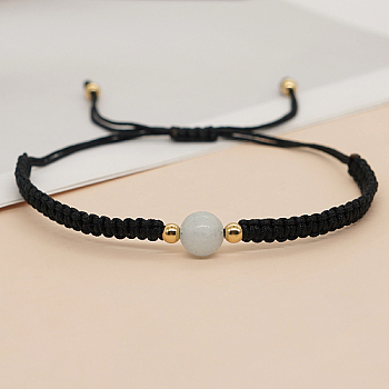 Natural White Jade Round Braided Bead Bracelet, Black Adjustable Bracelet, Bead: 8mm