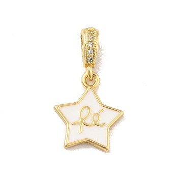 Brass Micro Pave Cubic Zirconia Pendants, with Enamel, Cadmium Free & Lead Free, Long-Lasting Plated, Star with Word Re, Real 18K Gold Plated, White, 14x12x2mm, Hole: 3.5x2mm