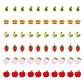 60Pcs 6 Style Alloy Enamel Pendants, Light Gold, Peach & Avocado & Strawberry, Mixed Color, 15~25x13~22x1.5~2mm, Hole: 1.6~2mm, 10pcs/style