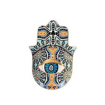 Hamsa Hand/Hand of Miriam with Evil Eye Ceramic Jewelry Plate, Storage Tray for Rings, Necklaces, Earring, Colorful, 160x115mm