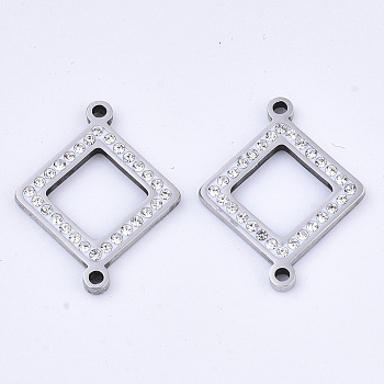 304 Stainless Steel Links connectors, with Rhinestone, Rhombus, Stainless Steel Color, Crystal, 24x19x2mm, Hole: 1.5mm