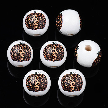 Autumn Theme Printed Natural Wood Beads, Round with Leopard Print Pumpkin, Coconut Brown, 15.5x14.5mm, Hole: 4mm