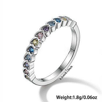 Heart Rhodium Plated Sterling Silver with Colorful Cubic Zirconia Finger Rings for Women, Platinum, Inner Diameter: 16mm