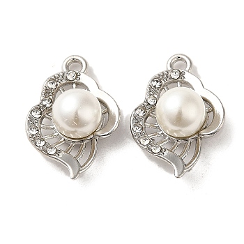 Alloy with Rhinestone Pendants, with ABS Imitation Pearl, Leaf Charms, Platinum, 21.5x15x8mm, Hole: 1.6mm