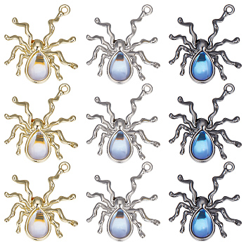 18Pcs 3 Colors Halloween Rack Plating Alloy Pendants, Spider Charm, with Lilac Resin Beads, Mixed Color, 30x27x5.8mm, Hole: 1.6mm, 6pcs/color