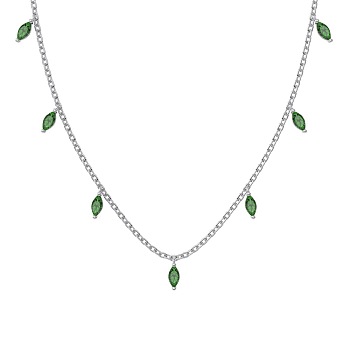 Rhodium Plated 925 Sterling Silver Pave Green Cubic Zirconia Cable Chain Horse Eye Tassel Necklaces for Women, Real Platinum Plated, 15.94 inch(40.5cm)