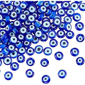 Handmade Evil Eye Lampwork Bead Strands, Flat Round, Blue, 6x3mm, Hole: 1mm, about 65pcs/strand, 14''(35.56cm)