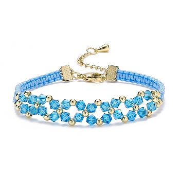 Glass Braided Flower Link Bracelet for Women, Deep Sky Blue, 7-3/8 inch(18.6cm)