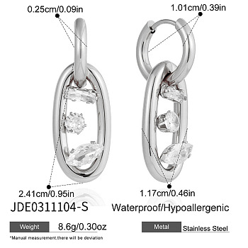 304 Stainless Steel with Clear Cubic Zirconia Hoop Earrings, Oval, Stainless Steel Color, 35mm