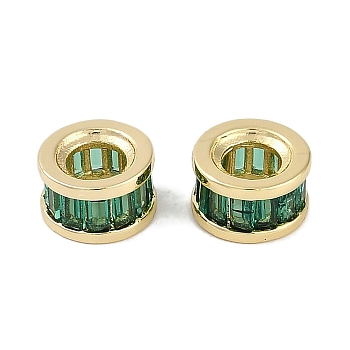 Brass Micro Pave Cubic Zirconia European Beads, Real 18K Gold Plated, Flat Round, Green, 7.5x4.5mm, Hole: 4mm