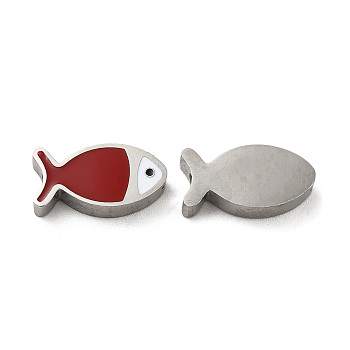 304 Stainless Steel Beads, with Enamel, Stainless Steel Color, Fish, Red, 7x13.5x3mm, Hole: 1.8mm