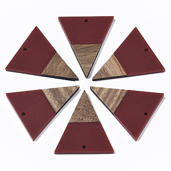 Resin & Walnut Wood Pendants, Triangle, Dark Red, 37x31x3.5mm, Hole: 1.8mm