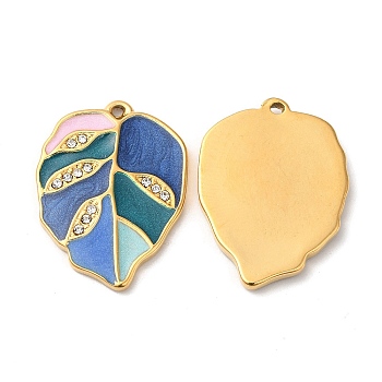 Real 18K Gold Plated 304 Stainless Steel Rhinestone Pendants, with Enamel, Leaf Charms, Royal Blue, 21.5x16x2mm, Hole: 1mm