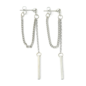 Rertangle Alloy Chain Tassel Stud Earrings for Women Men, Platinum, 65x2mm