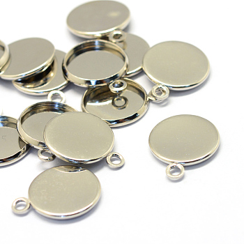Iron Pendant Cabochon Settings, Plain Edge Bezel Cups, Flat Round, Platinum, Tray: 12mm, 17x14x2mm, Hole: 2mm