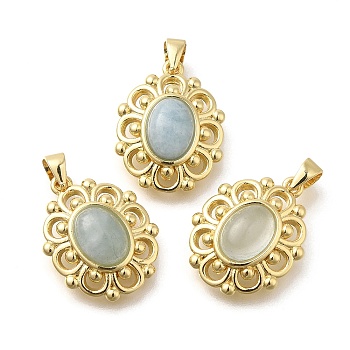 Natural Aquamarine Pendants, Rack Plating Golden Tone Brass Oval Charms, Long-Lasting Plated, 18x14x6mm, Hole: 3.5x3mm