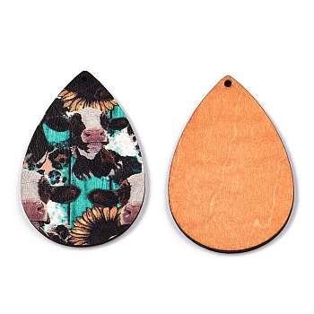 Single Face Printed Basswood Big Pendants, Teardrop Charm with Cow Pattern, Coconut Brown, 60x40x3mm, Hole: 2mm