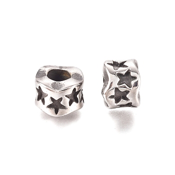 304 Stainless Steel European Beads, Large Hole Beads, Rondelle with Star, Antique Silver, 9x7mm, Hole: 4mm