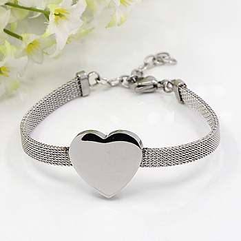 Fashionable 304 Stainless Steel Bracelets, with Lobster Claw Clasps, Heart, Stainless Steel Color, 7-1/8 inch(180mm), 6mm