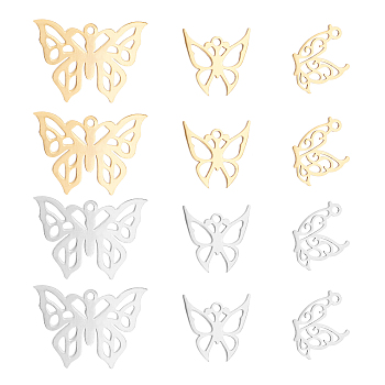 24Pcs 6 Style 201 Stainless Steel Hollow Pendants, Butterfly, Golden & Stainless Steel Color, 14.5~17.5x13~24.5x1mm, Hole: 1.4~1.5mm, 4pcs/style