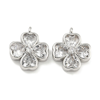 Brass with Clear Cubic Zirconia Charms, Clover, Platinum, 13x11x4mm, Hole: 1.3mm