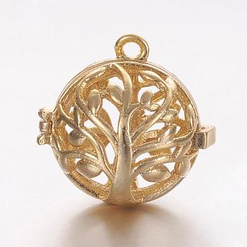 Brass Cage Pendants, For Chime Ball Pendant Necklaces Making, Hollow Round with Tree of Life, Golden, 17x17.5x15mm, Hole: 1mm, Inner Diameter: 11.5mm
