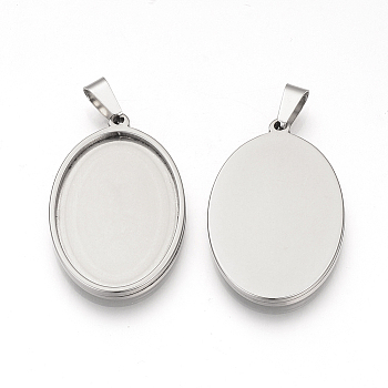 Non-Tarnish 201 Stainless Steel Pendant Cabochon Settings, Oval, Stainless Steel Color, Tray: 24.5x17.5mm, 30x20.5x2.5mm, Hole: 8x4mm