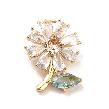 Brass Micro Pave Clear Cubic Zirconia Pendants, with Glass, Flower, Real 18K Gold Plated, 19.5x18x7.5mm, Hole: 6x3mm