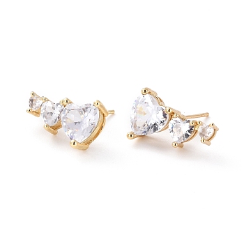 Heart Clear Cubic Zirconia Stud Earrings for Her, Cadmium Free & Lead Free, Real 18K Gold Plated, 17x10.5x6mm, Pin: 0.7mm