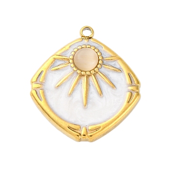304 Stainless Steel Pendants, Rhombus with Sun, with Glass Imitation Cat Eye and Enamel, Ion Plating(IP), Real 18K Gold Plated, WhiteSmoke, 20.5x18x4.5mm, Hole: 1.2mm