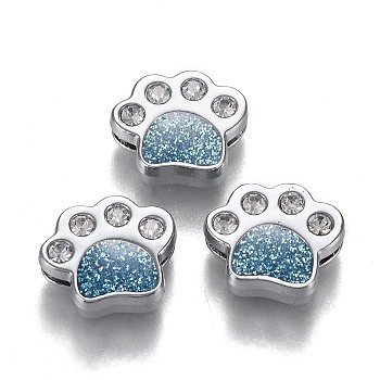 Alloy Enamel Slide Charms, and Crystal Rhinestone, with Glitter Sequin, Platinum Plated, Dog Paw Print, Deep Sky Blue, 12.5x14.5x5mm, Hole: 8.5x1.5mm