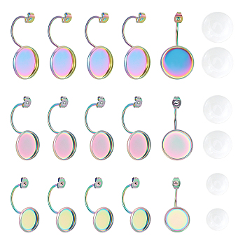 Unicraftale DIY Ear Nuts Making Kits, Including 18Pcs 3 Styles 304 Stainless Steel Ear Nuts Flat Round Cabochon Settings and 18Pcs 3 Styles Transparent Glass Cabochons, Rainbow Color, Setting: 6pcs/style, Cabochons: 6pcs/style