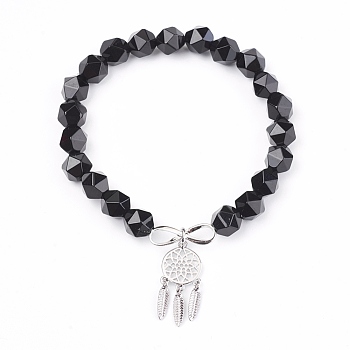 Natural Black Agate Beads Charm Bracelets, with Brass Findings, Woven Net/Web with Feather, 2 inch(5.2cm), Pendant: 24x10.5x2mm
