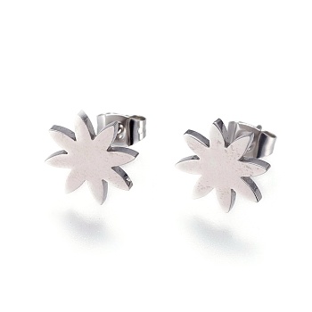 304 Stainless Steel Stud Earrings, Hypoallergenic Earrings, with Ear Nuts/Earring Back, Flower, Stainless Steel Color, 12x1mm, Pin: 0.6mm, 6pairs/card