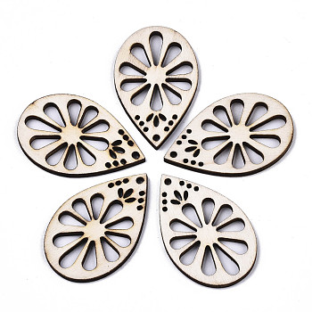 Unfinished Natural Poplar Wood Pendants, Laser Cut Wood Shapes, Teardrop with Flower, Old Lace, 40x25x2.5mm, Hole: 1.8mm
