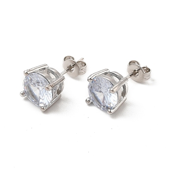 Clear Cubic Zirconia Diamond Stud Earrings, Rack Plating Brass Jewelry for Women, Cadmium Free & Lead Free, Platinum, 8x8mm, Pin: 0.8mm