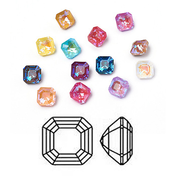 K9 Glass Rhinestone Cabochons, Mocha Fluorescent Style, Pointed Back, Faceted, Square, Mixed Color, 10x10x7mm